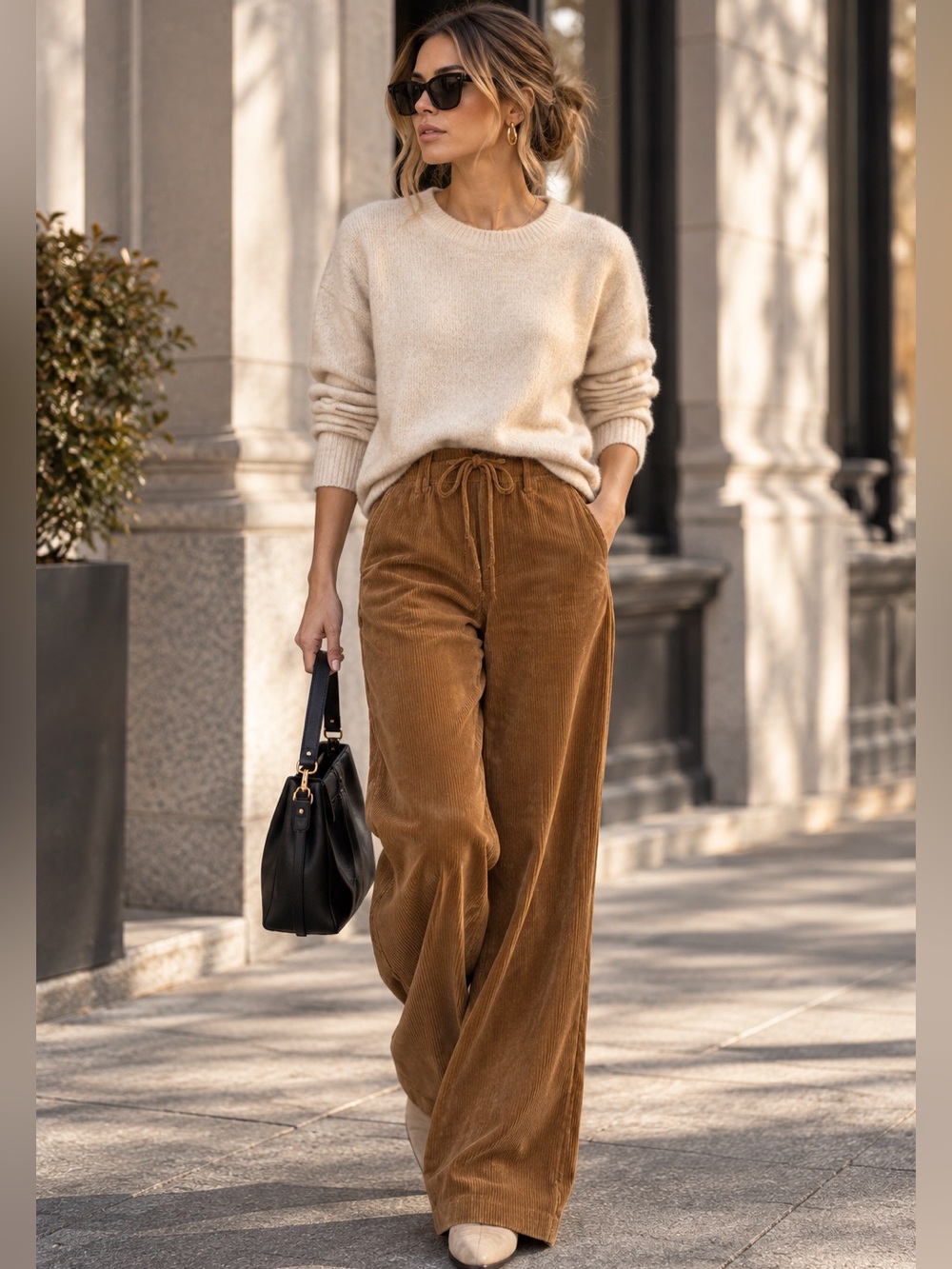 Zara Style Camel Corduroy Wide Leg Pants Size 2 High Waist Tie Front NWOT